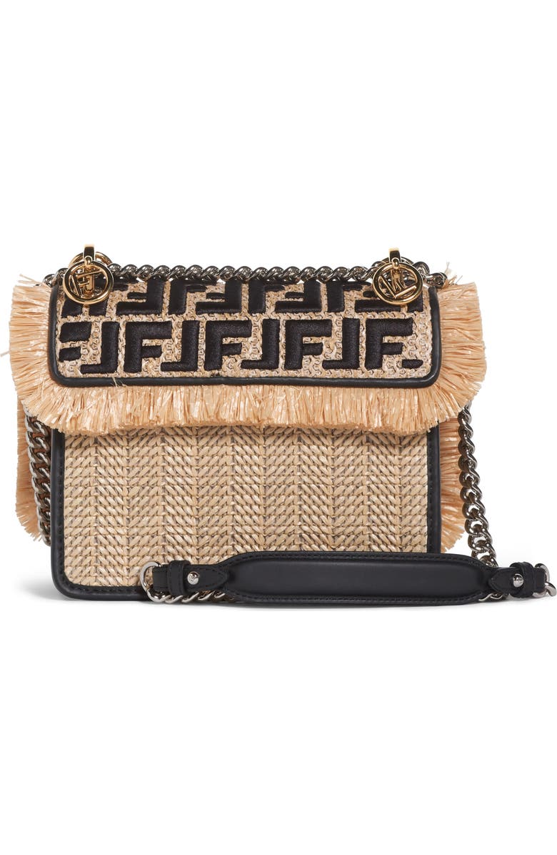 Fendi Kan I Raffia & Leather Small Shoulder Bag, Alternate, color,