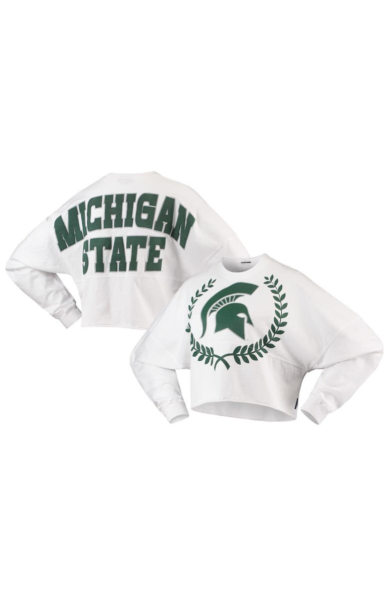 SPIRIT JERSEY Women's White Michigan State Spartans Laurels Crop Long Sleeve T-Shirt, Main, color, White