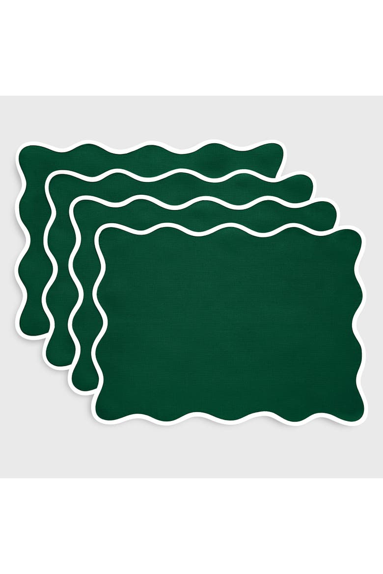 Linen Placemats Set of 4, 14 x 19" - Giselle Scallop Edge, Main, color, White and Christmas Green