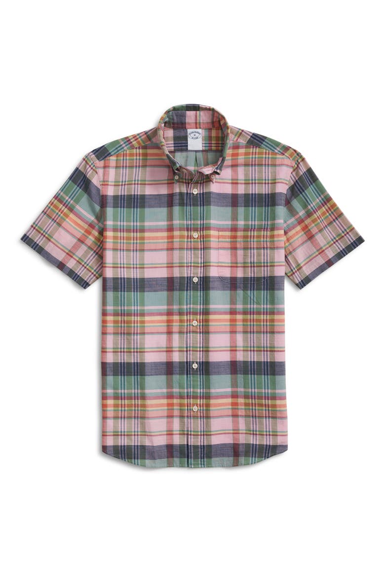 Madras Plaid Short Sleeve Button-Down Shirt, Main, color, PINK