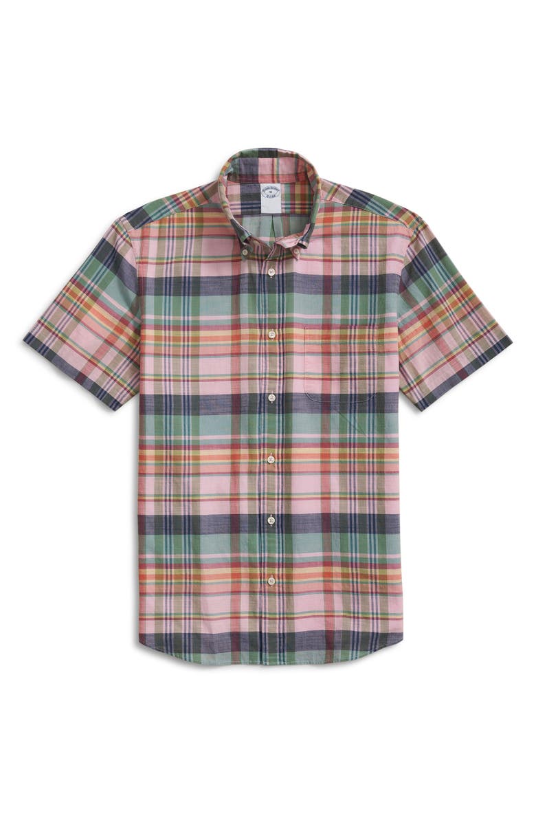 Brooks Brothers Madras Plaid Short Sleeve Button-Down Shirt, Main, color,