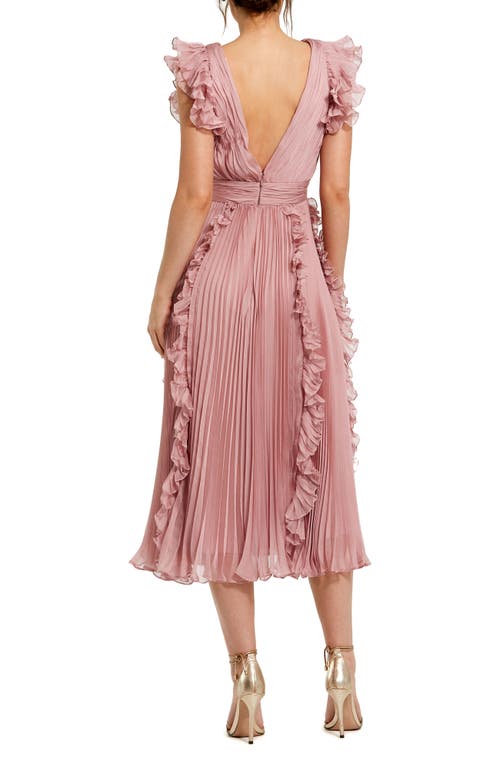Mac Duggal Chiffon Ruffled Midi Dress With Pleated Detailing In Rose