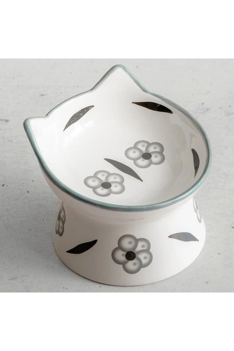 Elevated Ceramic Cat Bowl, Floral White & Black, 7oz, Pet Feeding Dish, Alternate, color, Multicolored