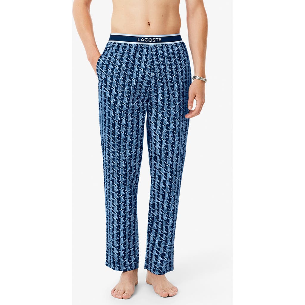 Lacoste Monogram Stretch Cotton Pajama Pants In Blue