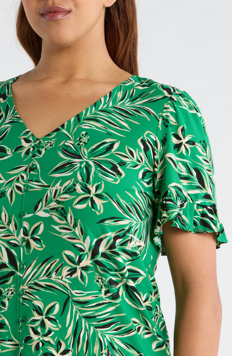 AK ANNE KLEIN Tropical Floral V-Neck Button-Up Knit Top, Alternate, color, Tropical Green Multi