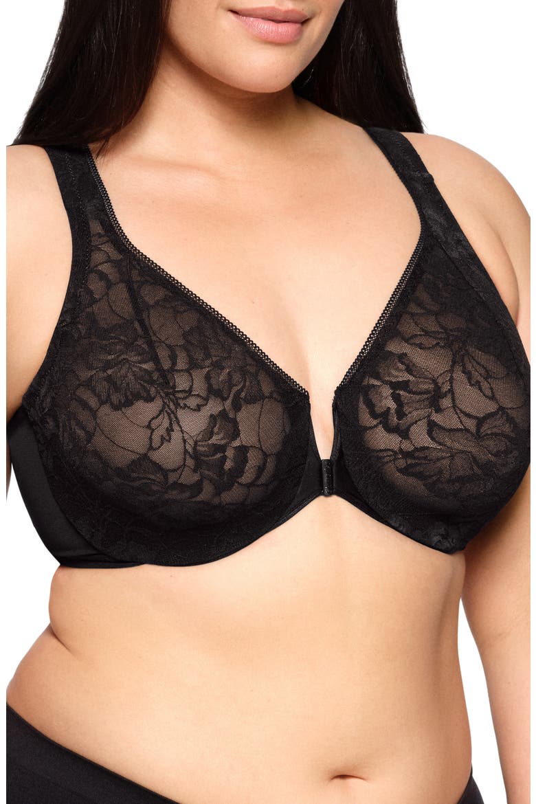 WonderWire® Front Close Lacy T-Back Underwire Bra, Alternate, color, SOLID BLACK