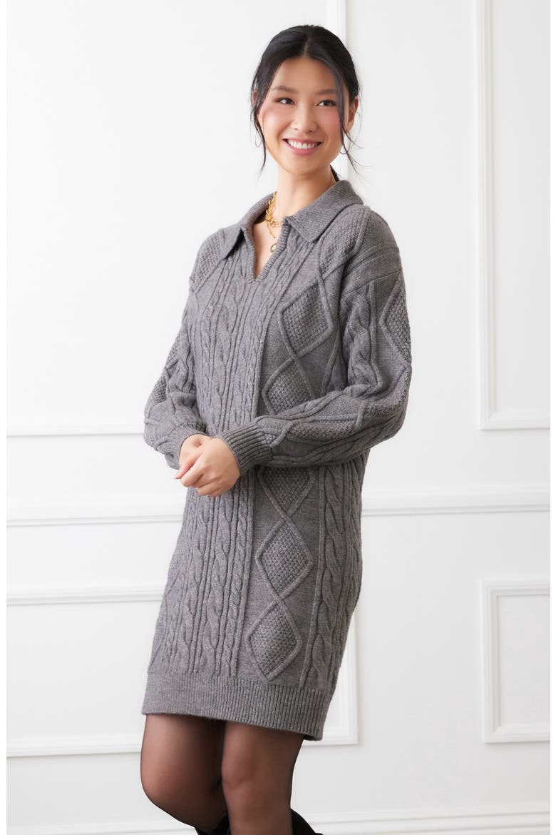 Cable Stitch Johnny Collar Long Sleeve Sweater Dress, Alternate, color, DARK GRAY
