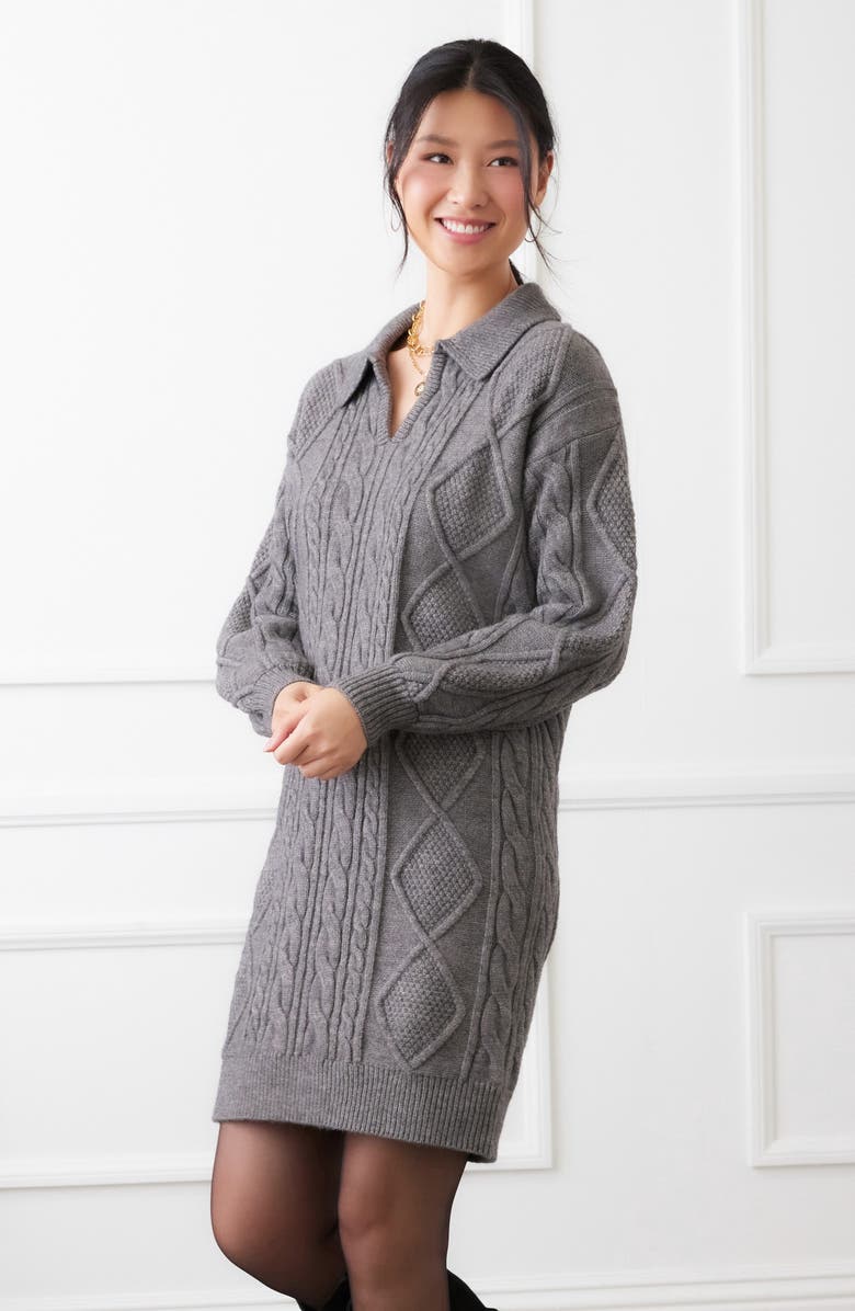 Karen Kane Cable Stitch Johnny Collar Long Sleeve Sweater Dress, Alternate, color, Dark Gray
