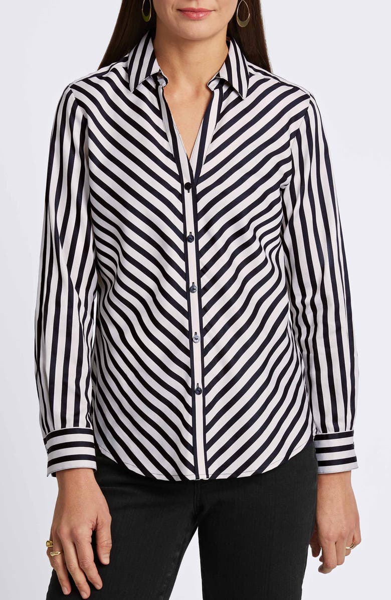Foxcroft Mary Stripe Long Sleeve Cotton Sateen Button-Up Shirt, Main, color, Silver Birch Stripe/Black