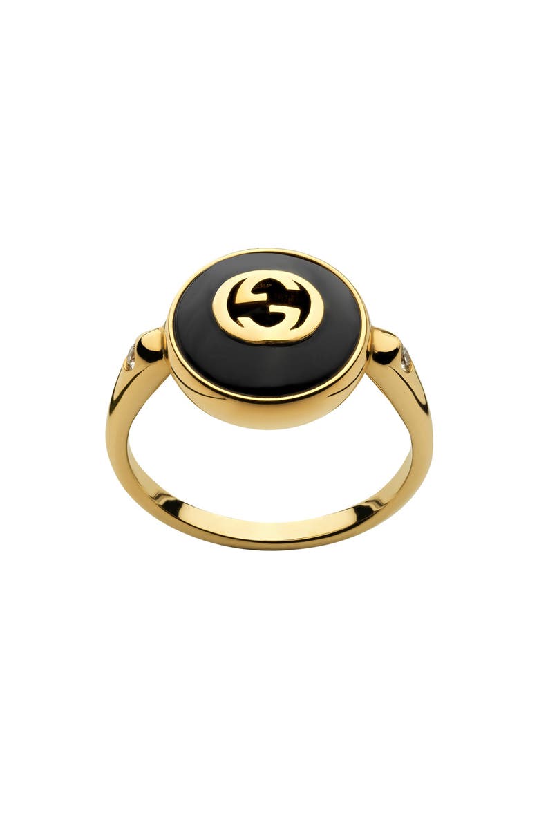 Gucci Interlocking-G Black Onyx & Diamond Ring, Alternate, color, Yellow Gold