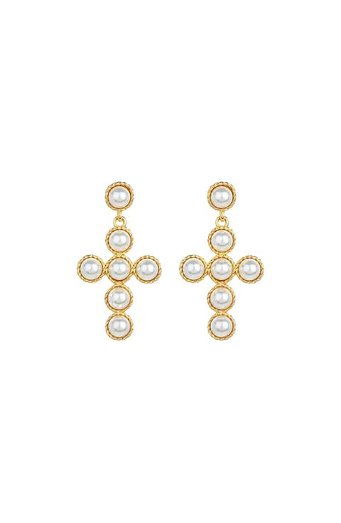 Sterling Silver 18k Gold Plated Victoria Cross Pearl Earrings Holiday Gift Idea