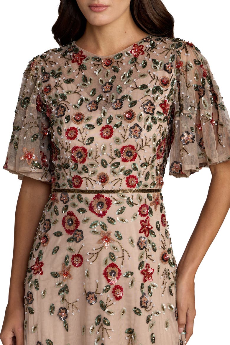 Women's Floral Embellished Flutter Sleeve Midi Dress, Alternate, color, Antique Rose