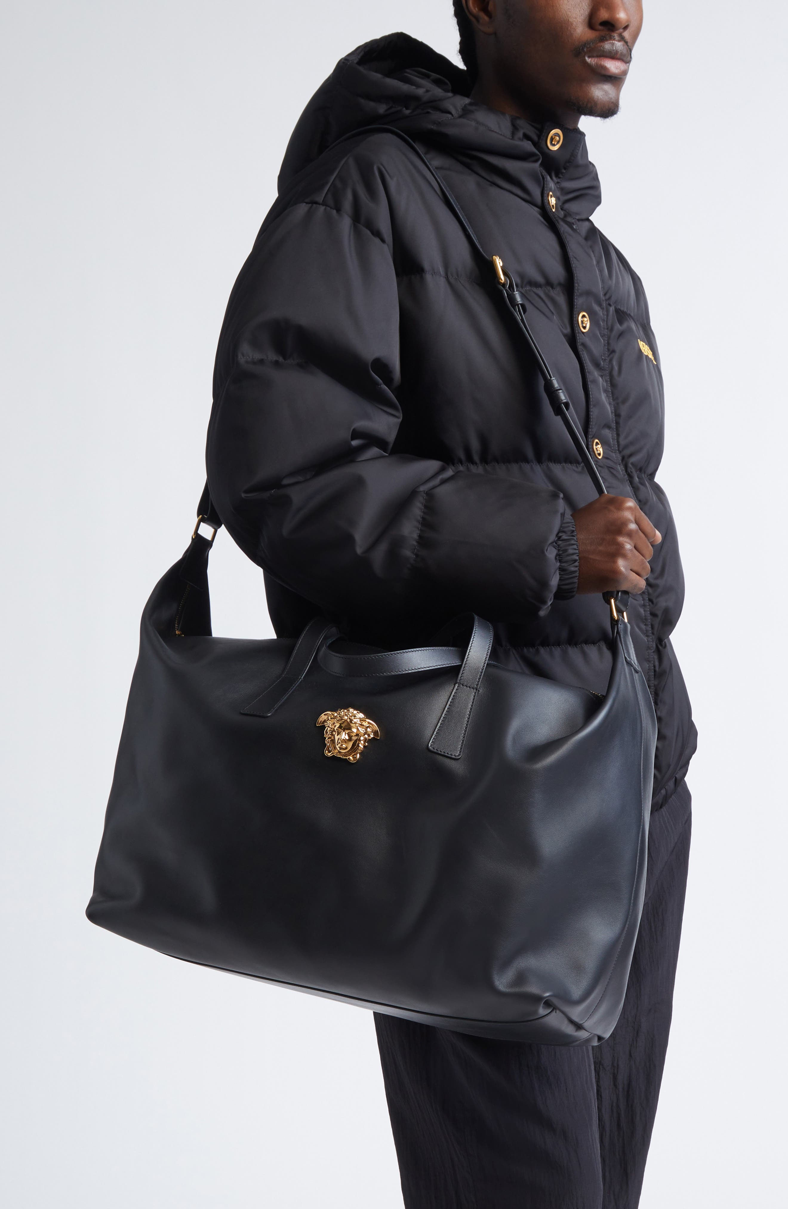 Versace La Medusa Calfskin Leather Duffle Bag, Alternate, color, 