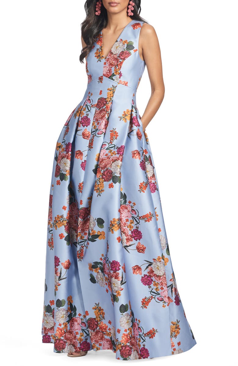 Sachin & Babi Brooke Floral Sleeveless Mikado Gown, Main, color, Glacial Blue Bright Bouquet