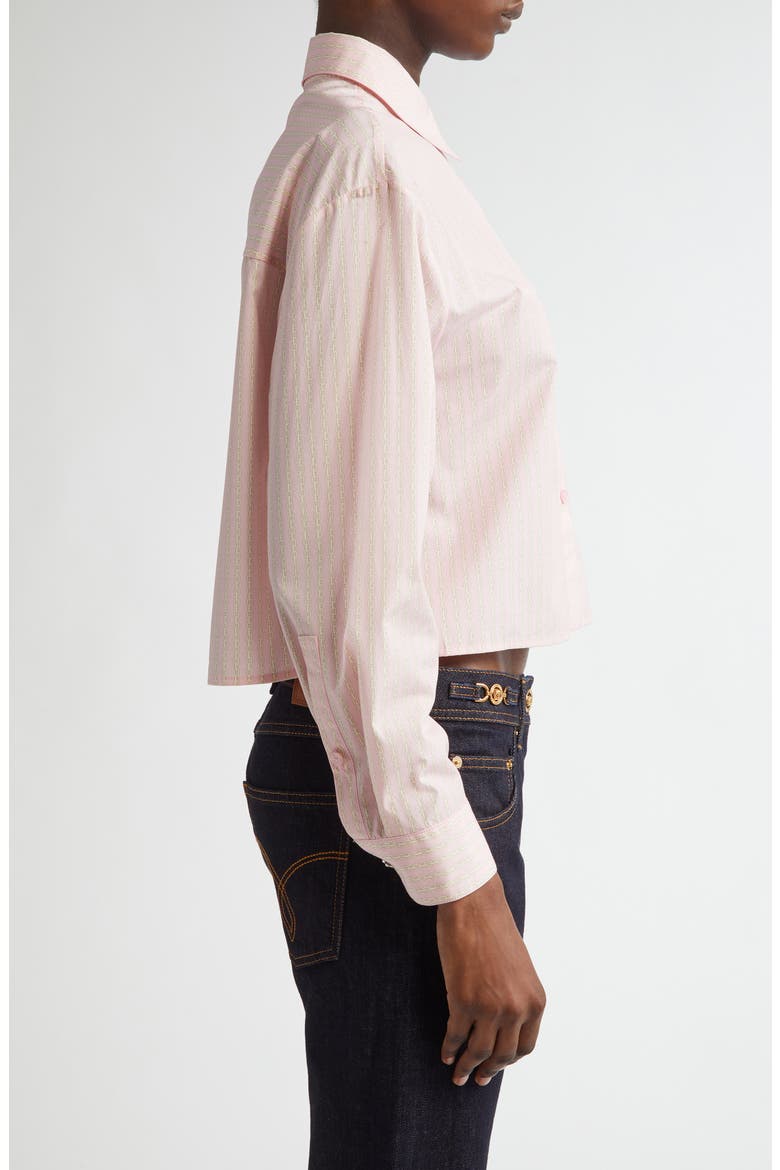 Pinstripe Chain Crop Cotton Poplin Button-Up Shirt, Alternate, color, PASTEL PINK MILK