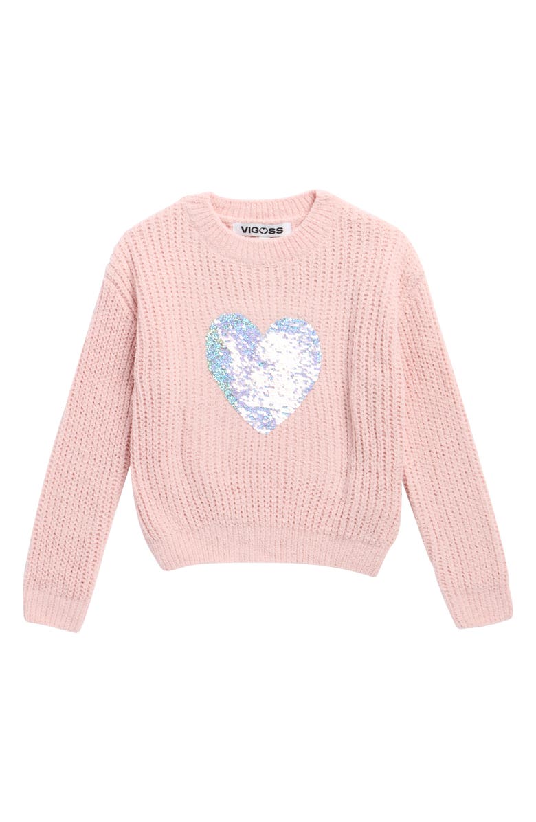 Vigoss Kids' Sequin Heart Chenille Sweater, Main, color, Blush