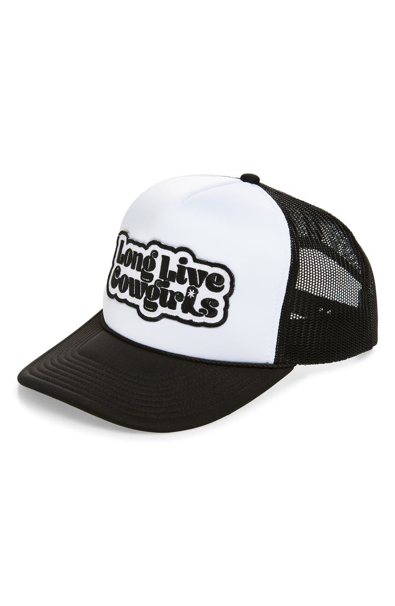 Local Beach Long Live Cowgirls Trucker Hat, Main, color, Black/ White