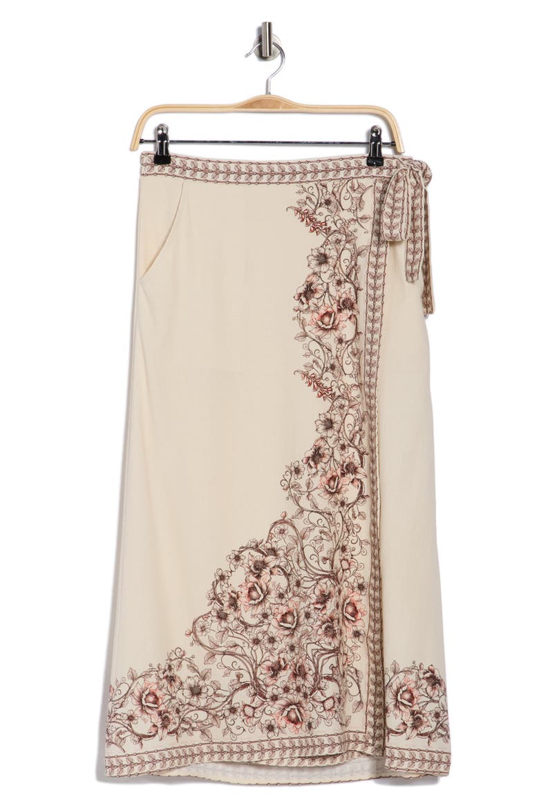 Floral Border Wrap Skirt, Alternate, color, NATURAL/ ROSE WALLED GARDEN
