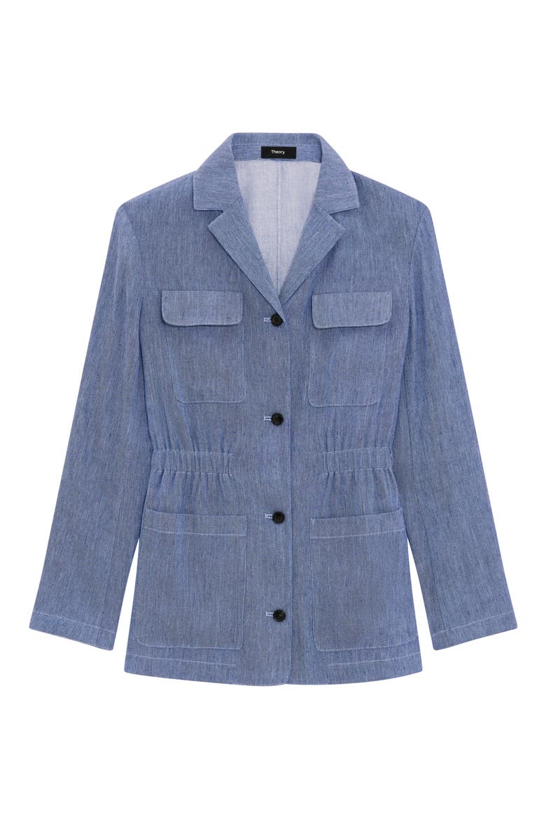 Denim Pattern Cinched Waist Linen Blend Jacket, Alternate, color, LIGHT DENM