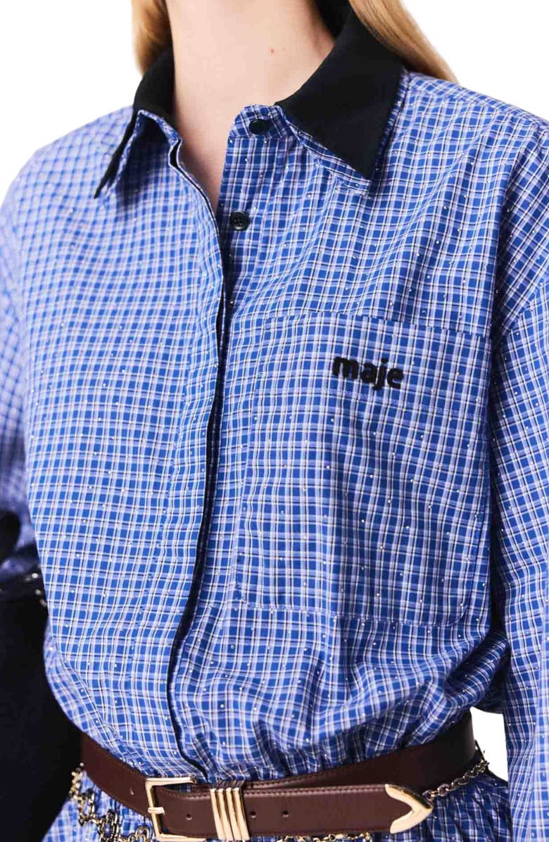 maje Stretch cotton rhinestone jumpsuit, Alternate, color, Blue Rhinestoned Tiles Print