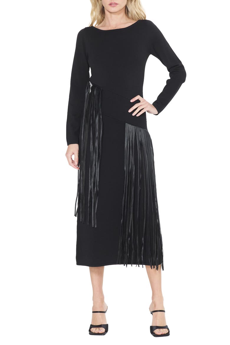 Jessica Fringe Long Sleeve Midi Dress, Main, color, BLACK