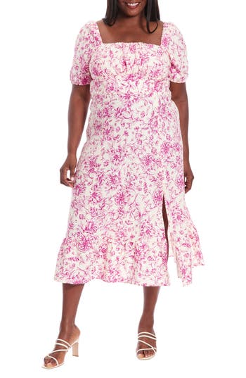 LONDON TIMES LONDON TIMES FLORAL SHORT SLEEVE EMPIRE WAIST LINEN BLEND MIDI DRESS
