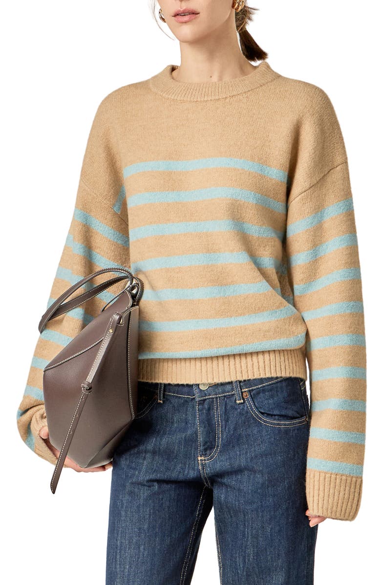 English Factory Stripe Crewneck Sweater, Alternate, color, Tan/ Powder Blue