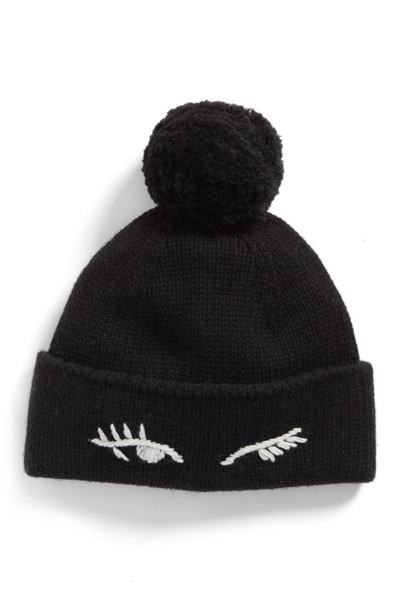 winking beanie with pom, Main, color, BLACK/ CREAM