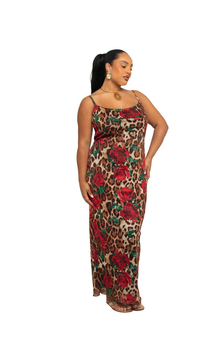 FASHION-SZN CURVE Leopard Print And Floral Mesh Maxi Dress, Main, color, Brown