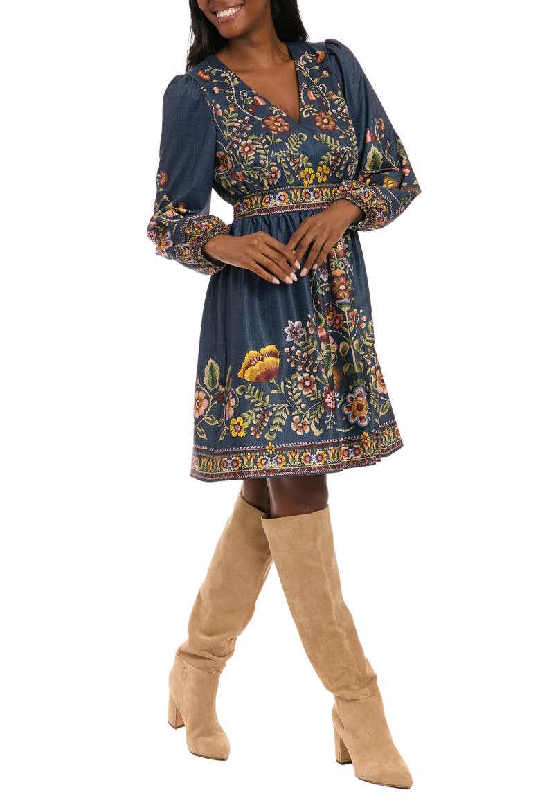 Printed Long Sleeve Fit & Flare Dress, Alternate, color, DENIM/ PINK