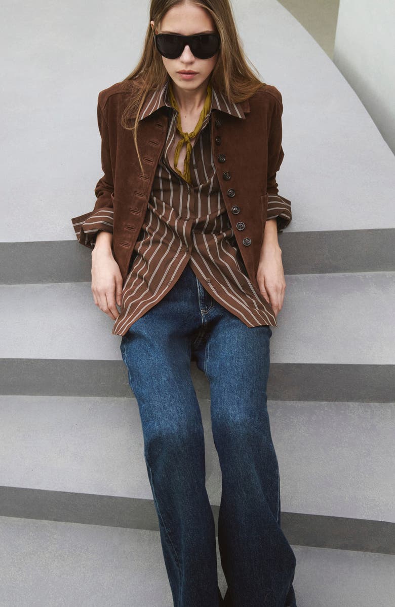 MANGO Stripe Cotton Button-Up Shirt, Alternate, color, Brown