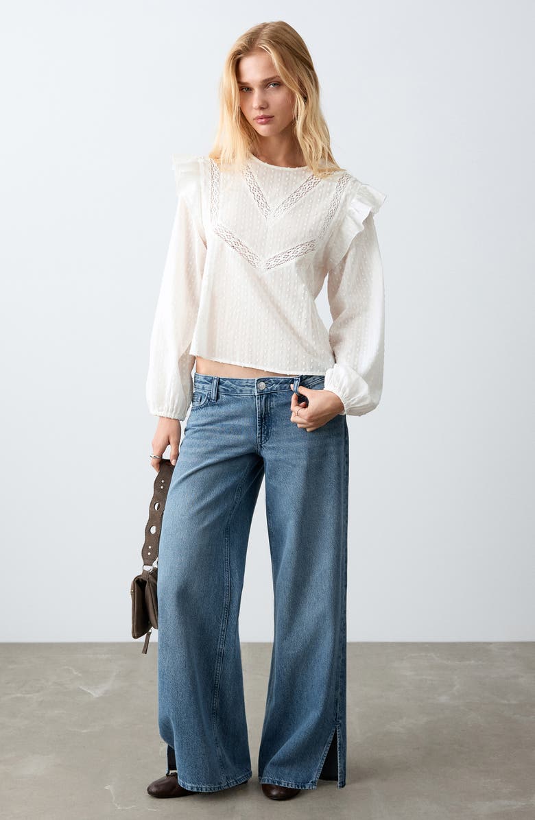 MANGO TEEN Lace & Ruffle Detail Cotton Top, Alternate, color, Off White