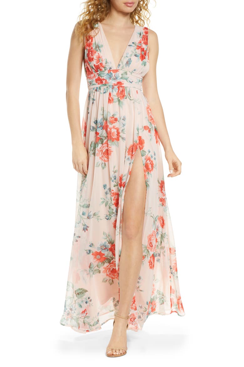Garden Meandering Floral Chiffon Gown, Main, color, BLUSH FLORAL