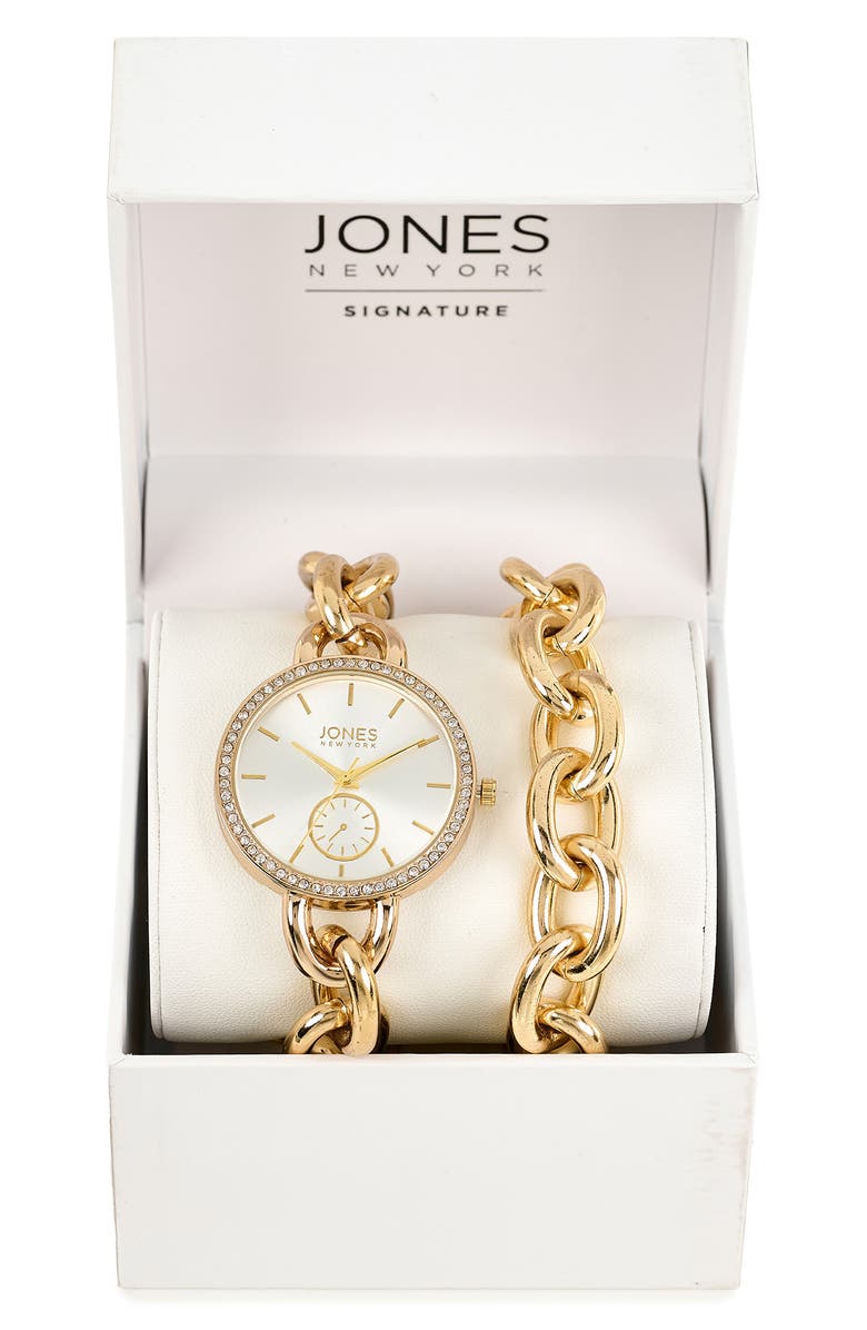 Jones New York Three-Hand Quartz Bracelet Watch & Chain Link Bracelet Set, 36mm, Main, color, Gold