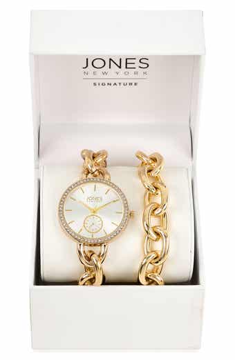 Jones New York Three-Hand Quartz Bracelet Watch & Chain Link Bracelet Set, 36mm