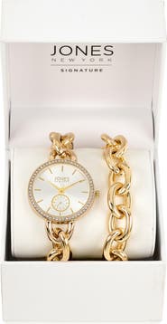 Jones New York Three-Hand Quartz Bracelet Watch & Chain Link Bracelet Set, 36mm
