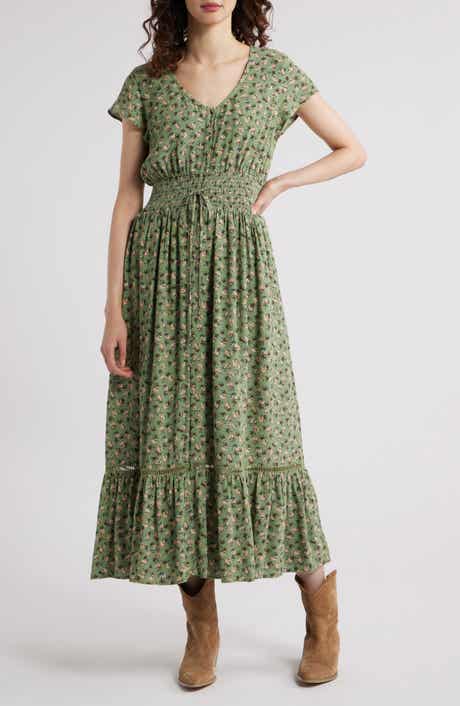 Treasure & Bond Print Smocked Waist Ruffle Hem Maxi Dress