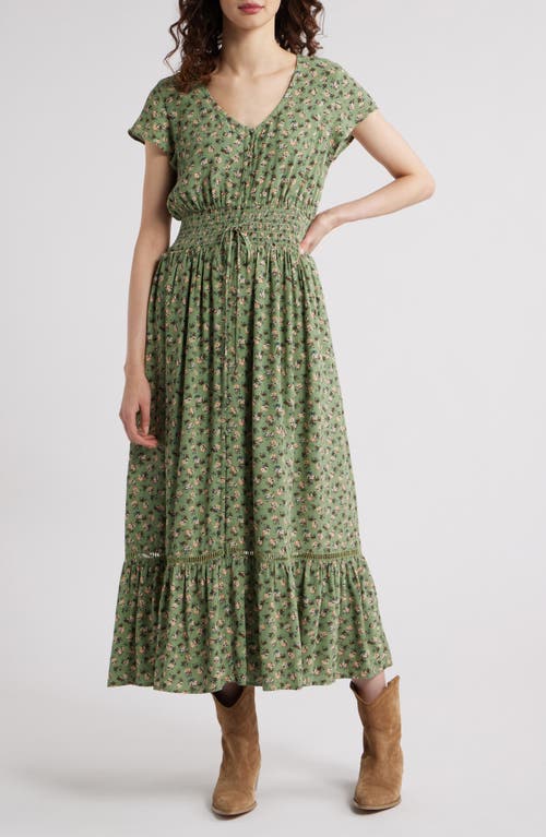 Shop Treasure & Bond Print Smocked Waist Ruffle Hem Maxi Dress In Olive- Rust Elaine Geo