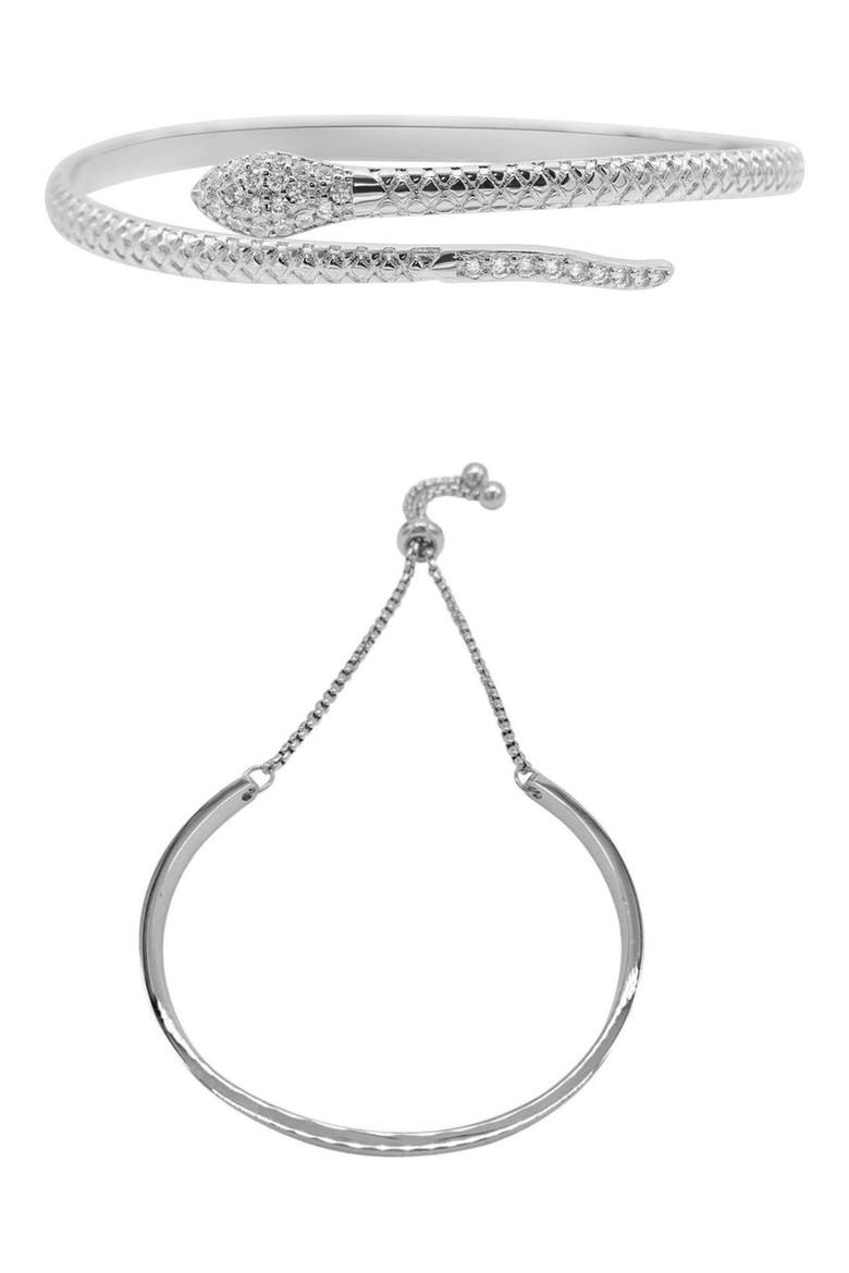 Set of 2 Assorted Crystal Snake & Slider Bracelets, Main, color, SILVER