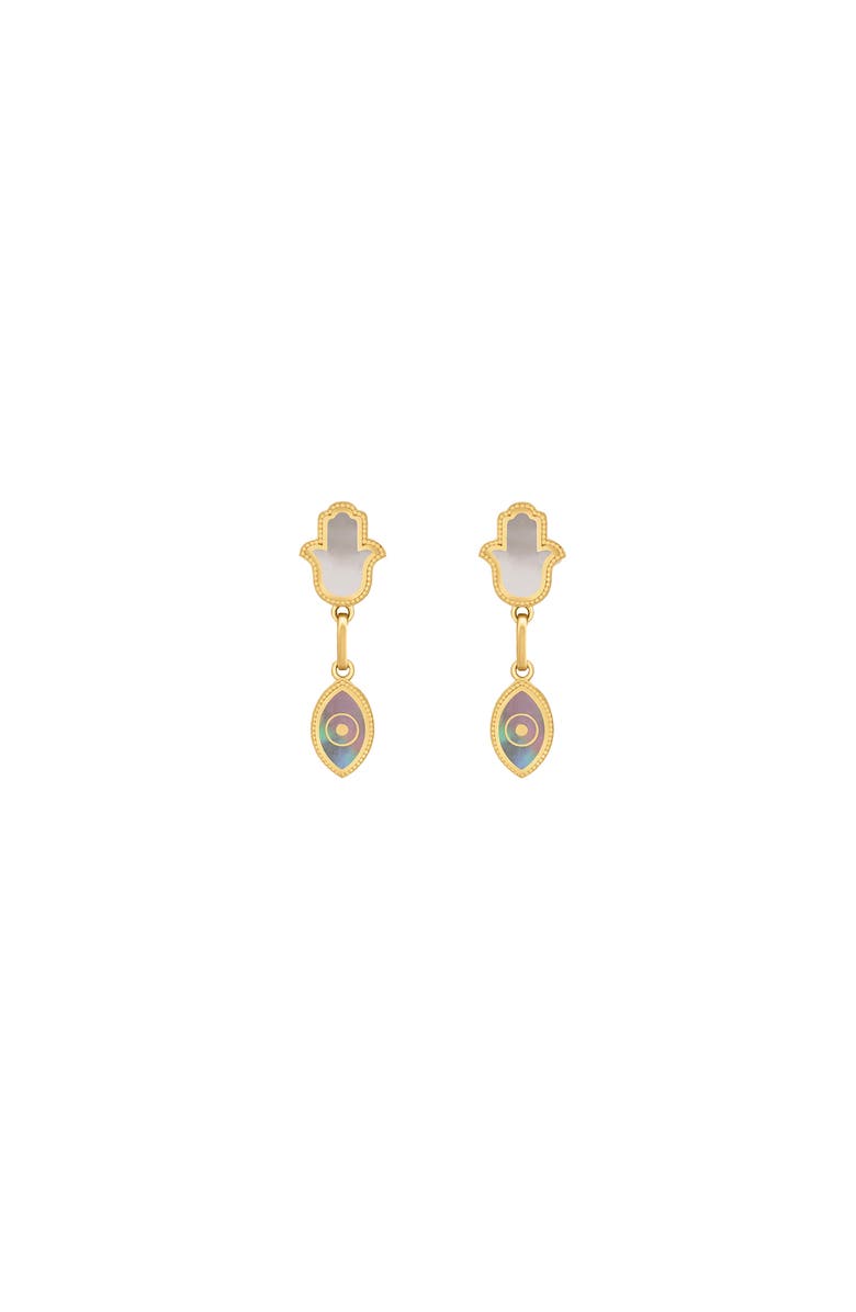 Karma and Luck Boundless Joy Hamsa & Evil Eye Mother of Pearl Earrings, Main, color, Gold/Grey