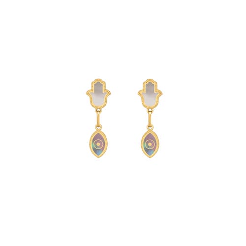 Karma And Luck Boundless Joy Hamsa & Evil Eye Mother Of Pearl Earrings In Gold/grey