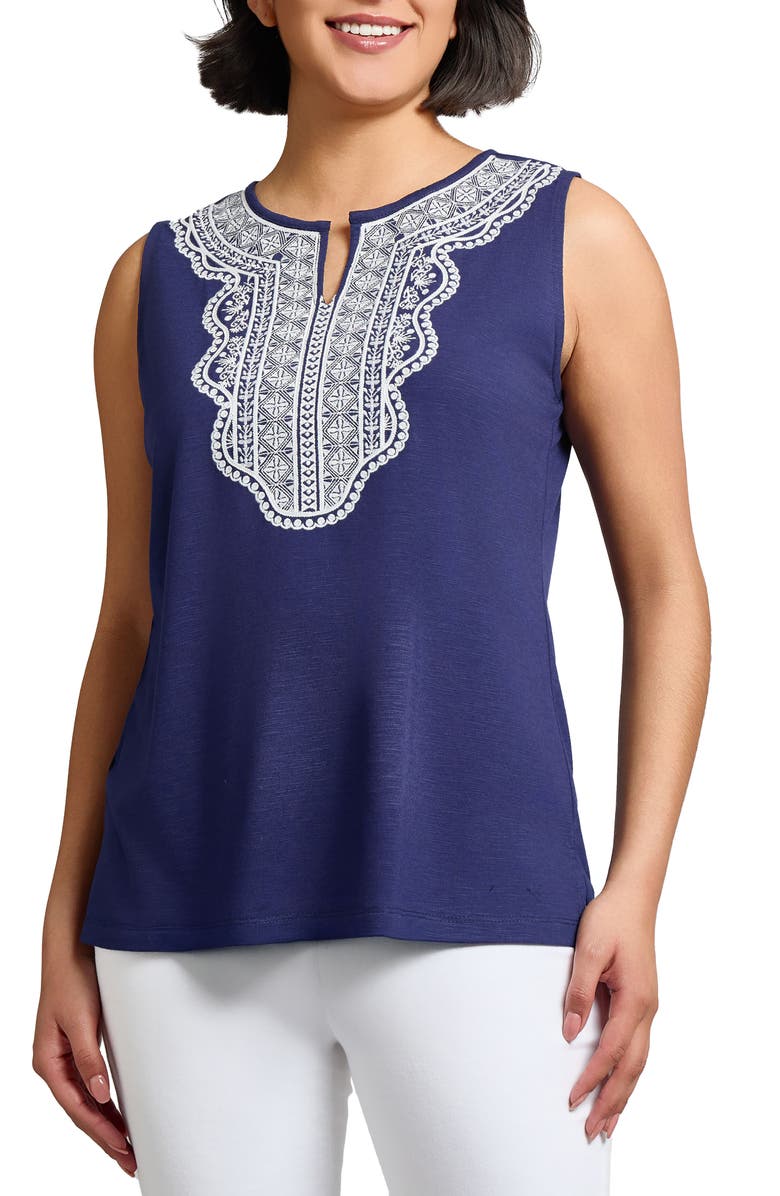 Jones New York Embroidered Split Neck Slubbed Tank, Main, color, 