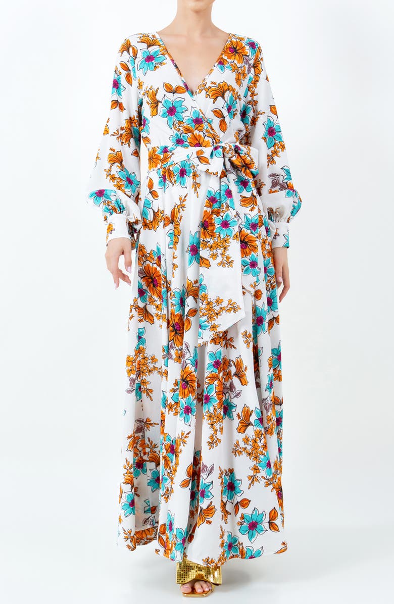 MEGHAN LA Lilypad Long Sleeve Wrap Maxi Dress, Alternate, color, Begonia Ivory