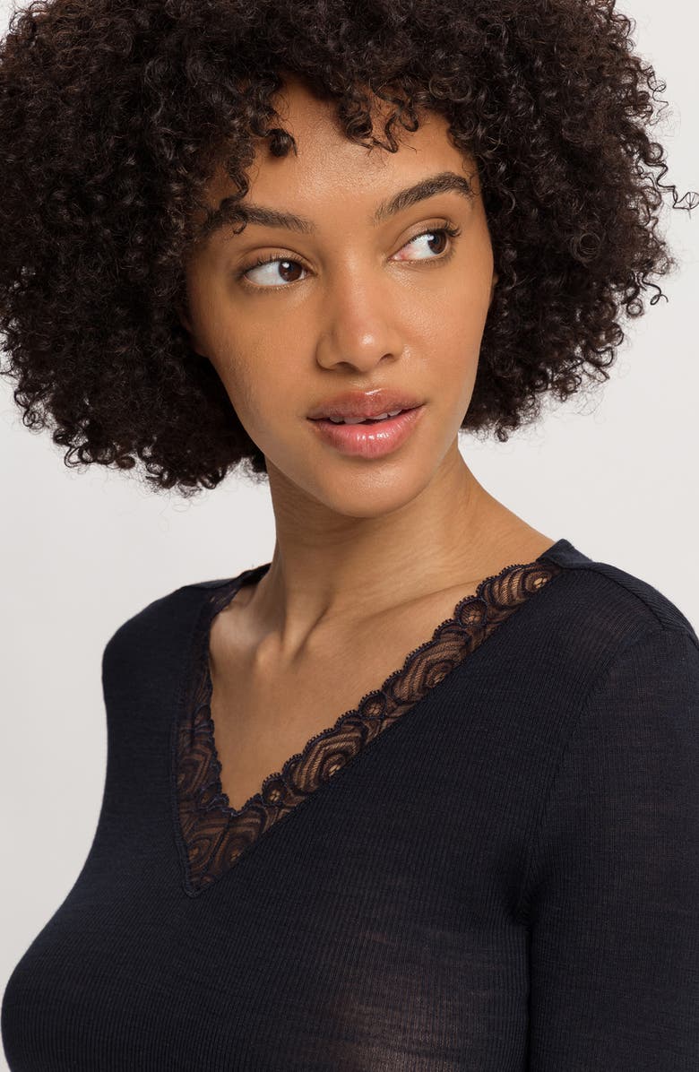 Hanro Lace Trim Merino Wool & Silk Rib Sleep Top, Alternate, color, Black
