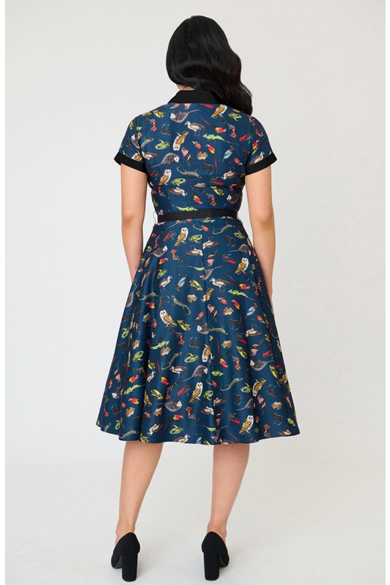 Collared Short Sleeved Belted Alexis Swing Dress, Alternate, color, Blue w/ Animal Print