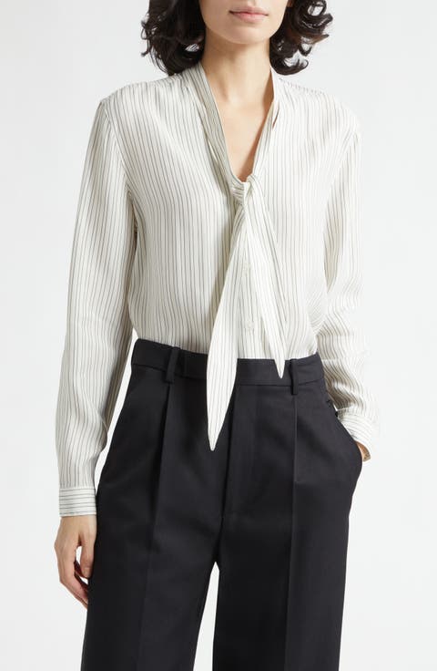 Stripe Tie Neck Button-Up Shirt