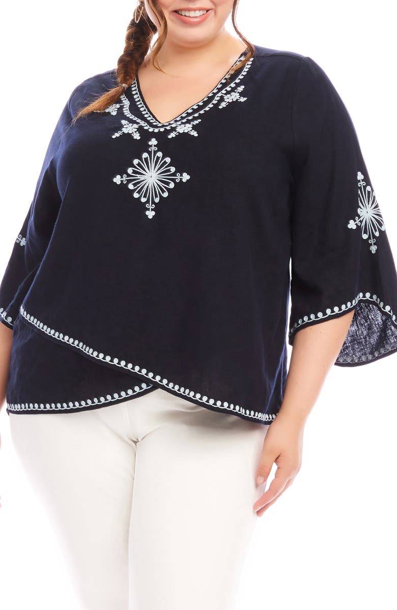 Karen Kane Embroidered Crossover Linen Blend Top, Main, color,