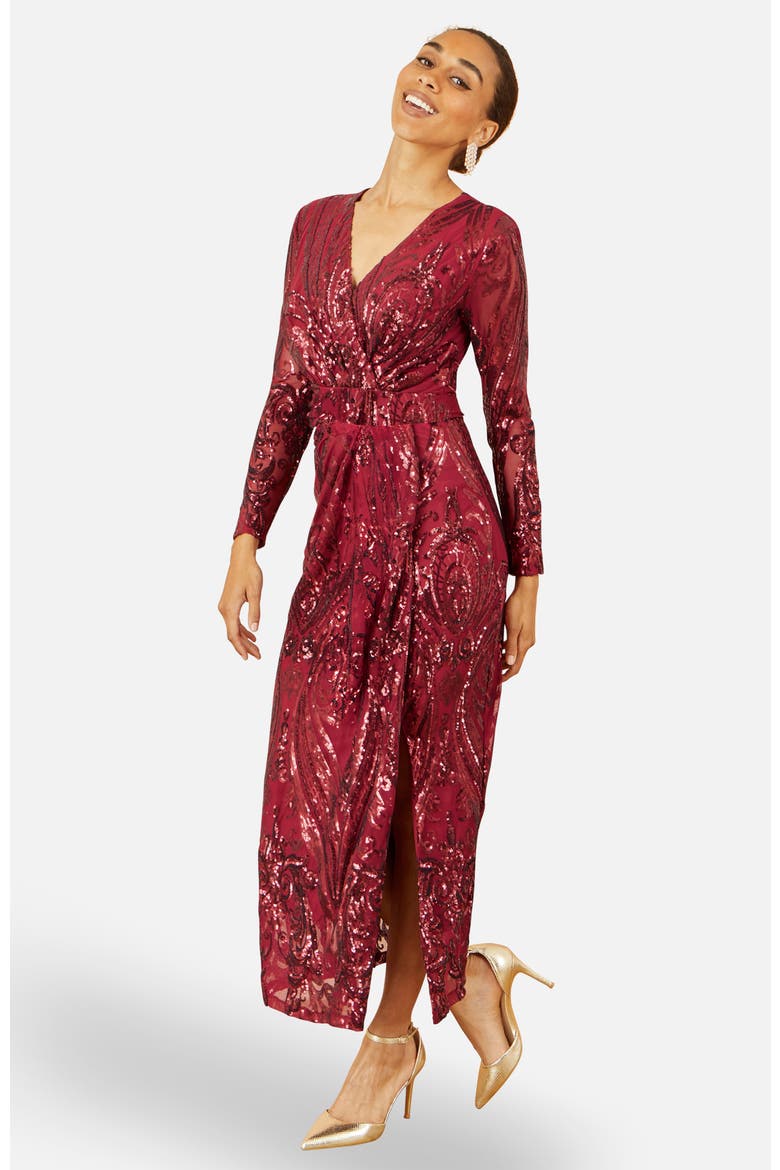 Sequin Midi Long Sleeve Wrap Dress, Alternate, color, Burgundy