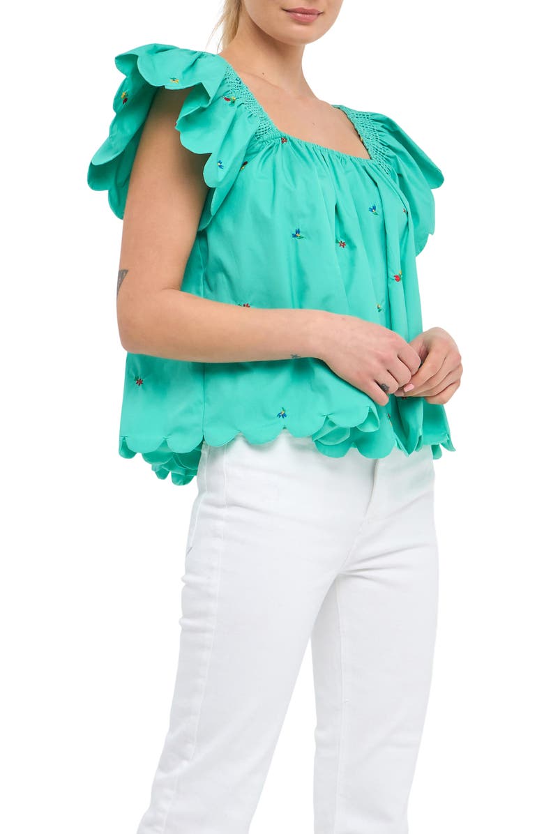 English Factory Floral Embroidered Scallop Trim Cotton Top, Alternate, color, Emerald