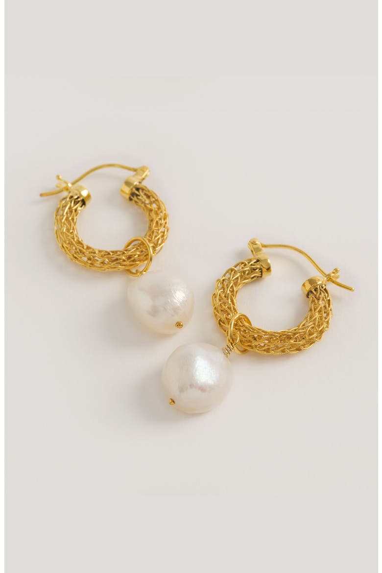 Gold Weave Mini Hoops with Baroque Pearl, Alternate, color, Gold